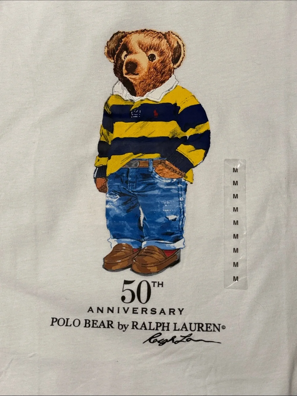 Polo by Ralph Lauren White Polo Bear Graphic Tee with Yellow & Navy Stripes - Picture 3 of 6